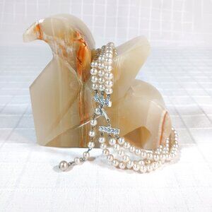 3-Strand Vintage Faux Pearl Choker w Pretty Silver Tone Rhinestone Clasp